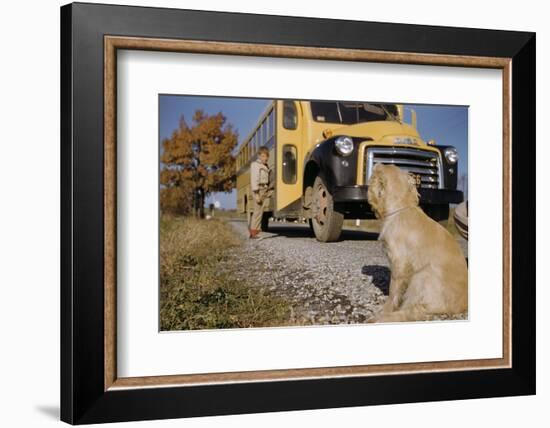 Faithful Dog Watching Boy Enter School Bus-William P. Gottlieb-Framed Photographic Print