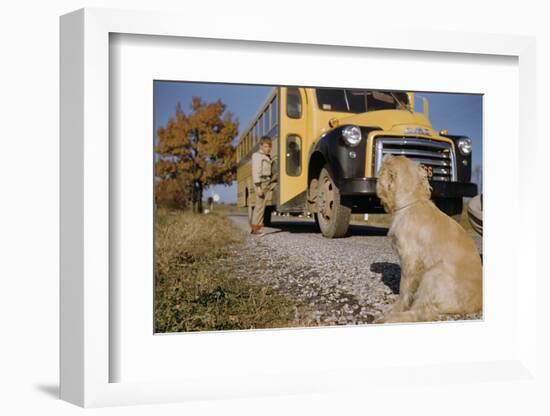 Faithful Dog Watching Boy Enter School Bus-William P. Gottlieb-Framed Photographic Print