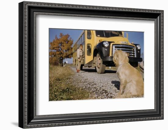 Faithful Dog Watching Boy Enter School Bus-William P. Gottlieb-Framed Photographic Print