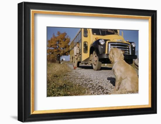 Faithful Dog Watching Boy Enter School Bus-William P. Gottlieb-Framed Photographic Print