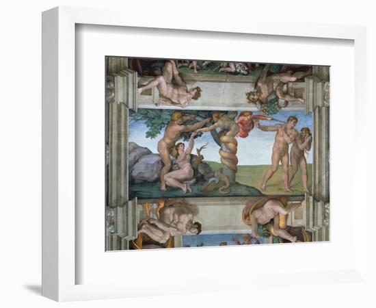 Fall of Mankind and Expulsion from Paradise, Ceiling Painting in the Sistine Chapel-Michelangelo Buonarroti-Framed Giclee Print