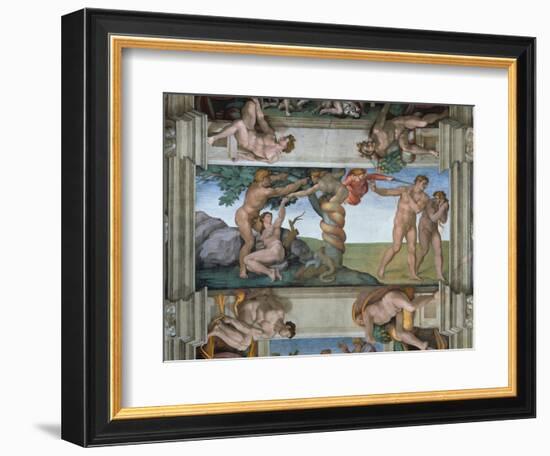 Fall of Mankind and Expulsion from Paradise, Ceiling Painting in the Sistine Chapel-Michelangelo Buonarroti-Framed Giclee Print