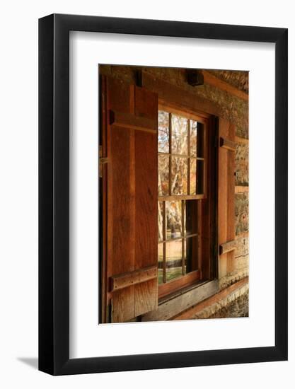 Fall reflections in windows of Cades Cove cabin, Tennessee, USA-Anna Miller-Framed Photographic Print