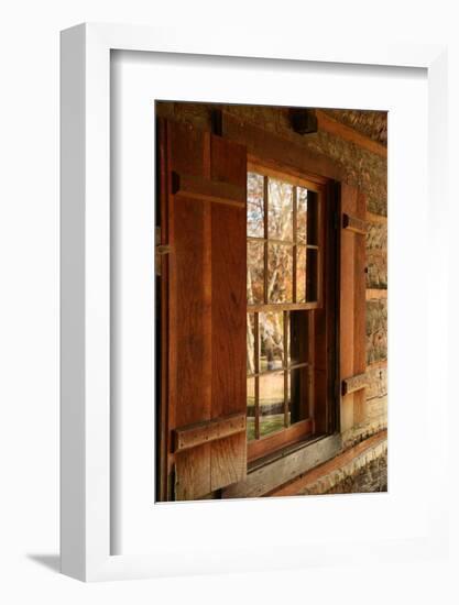 Fall reflections in windows of Cades Cove cabin, Tennessee, USA-Anna Miller-Framed Photographic Print