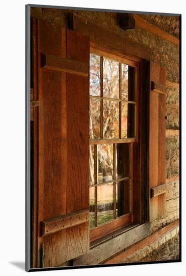 Fall reflections in windows of Cades Cove cabin, Tennessee, USA-Anna Miller-Mounted Photographic Print