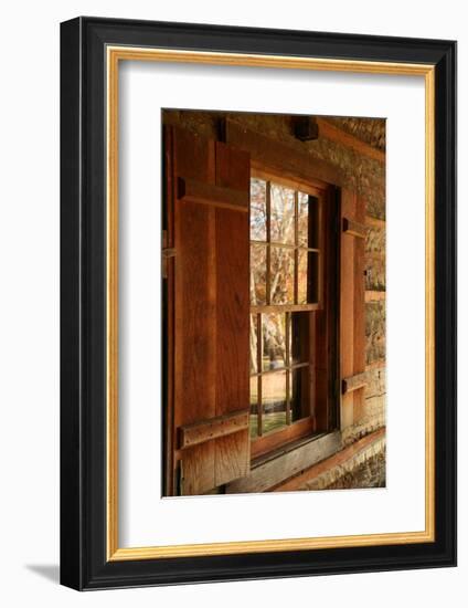 Fall reflections in windows of Cades Cove cabin, Tennessee, USA-Anna Miller-Framed Photographic Print