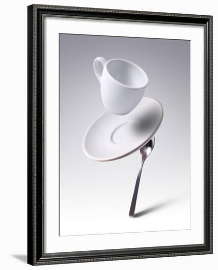 Falling Coffee Cup With Spoon And Saucer-adnrey-Framed Photographic Print