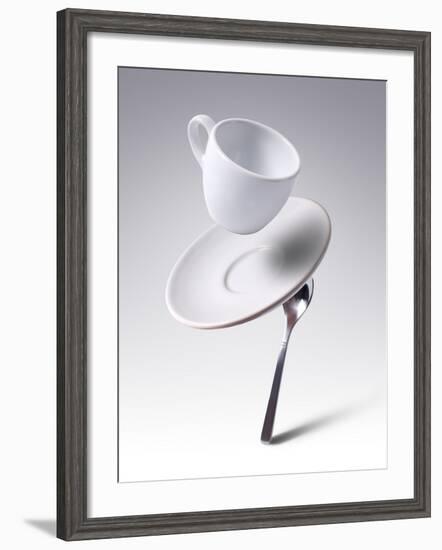 Falling Coffee Cup With Spoon And Saucer-adnrey-Framed Photographic Print