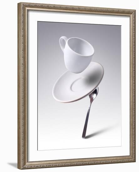 Falling Coffee Cup With Spoon And Saucer-adnrey-Framed Photographic Print