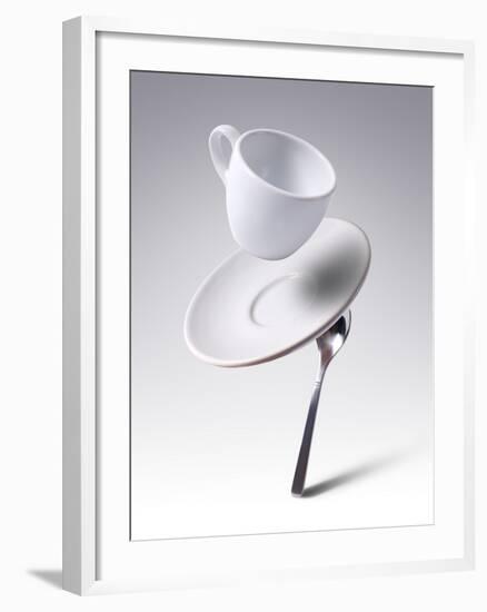 Falling Coffee Cup With Spoon And Saucer-adnrey-Framed Photographic Print