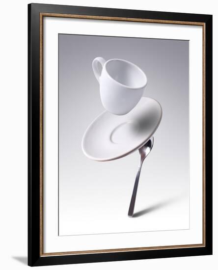 Falling Coffee Cup With Spoon And Saucer-adnrey-Framed Photographic Print