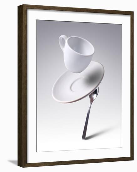 Falling Coffee Cup With Spoon And Saucer-adnrey-Framed Photographic Print