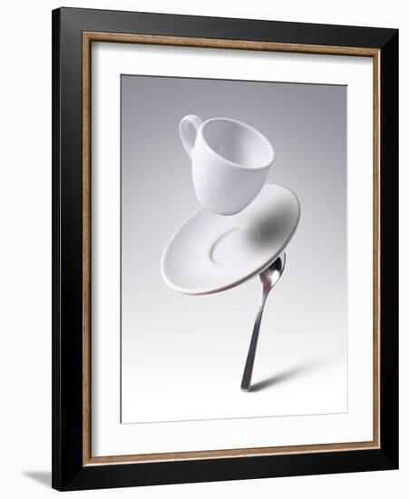 Falling Coffee Cup With Spoon And Saucer-adnrey-Framed Photographic Print