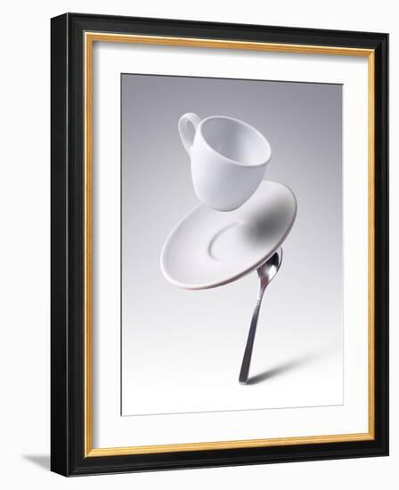 Falling Coffee Cup With Spoon And Saucer-adnrey-Framed Photographic Print