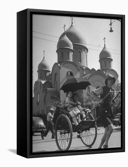 Family Being Pulled in a Rickshaw with a Russian Orthodox Church in the Background-Jack Birns-Framed Premier Image Canvas