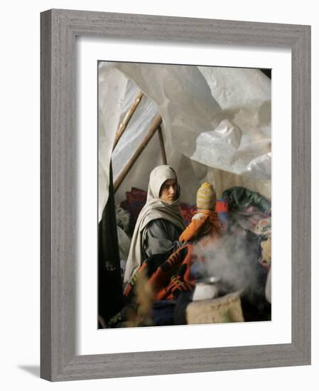 Family from the Quake-Affected Rangwad Village Sits Near a Fireplace in their Makeshift Tent, India-null-Framed Photographic Print