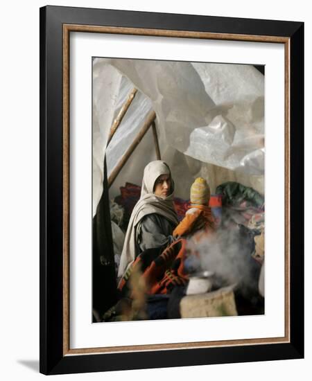 Family from the Quake-Affected Rangwad Village Sits Near a Fireplace in their Makeshift Tent, India-null-Framed Photographic Print