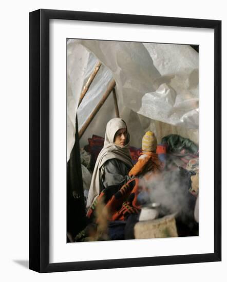 Family from the Quake-Affected Rangwad Village Sits Near a Fireplace in their Makeshift Tent, India-null-Framed Photographic Print