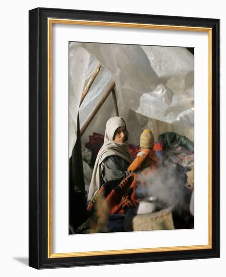 Family from the Quake-Affected Rangwad Village Sits Near a Fireplace in their Makeshift Tent, India-null-Framed Photographic Print