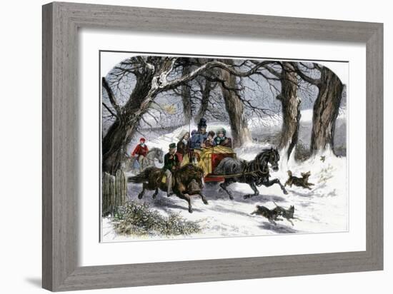 Family Going to a Christmas Party by Horse-Drawn Sleigh, England, 1850s-null-Framed Giclee Print