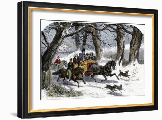 Family Going to a Christmas Party by Horse-Drawn Sleigh, England, 1850s-null-Framed Giclee Print