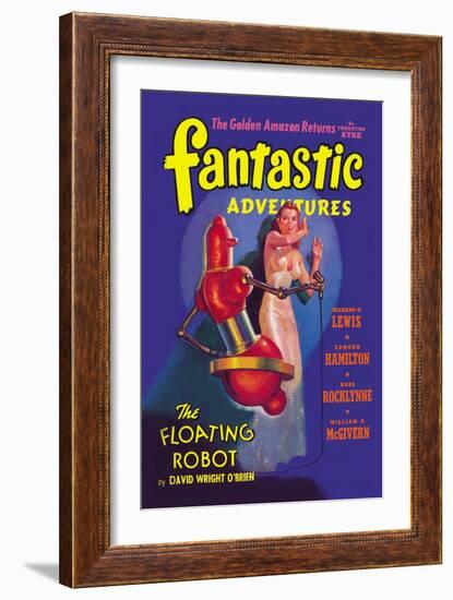 Fantastic Adventures: Floating Robot and Woman-null-Framed Art Print