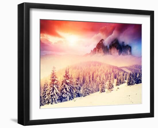 Fantastic Evening Landscape in a Colorful Sunlight. Dramatic Wintry Scene. National Park Carpathian-Leonid Tit-Framed Photographic Print