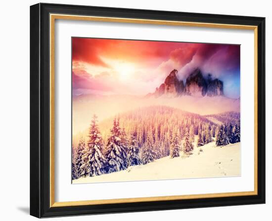 Fantastic Evening Landscape in a Colorful Sunlight. Dramatic Wintry Scene. National Park Carpathian-Leonid Tit-Framed Photographic Print