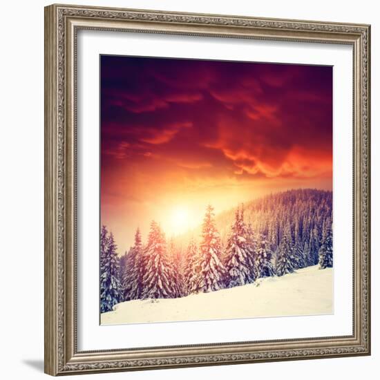 Fantastic Evening Landscape in a Colorful Sunlight. Dramatic Wintry Scene. National Park Carpathian-Leonid Tit-Framed Photographic Print