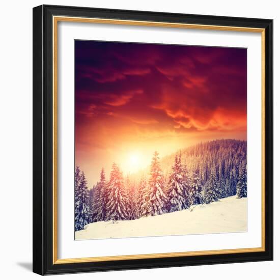 Fantastic Evening Landscape in a Colorful Sunlight. Dramatic Wintry Scene. National Park Carpathian-Leonid Tit-Framed Photographic Print