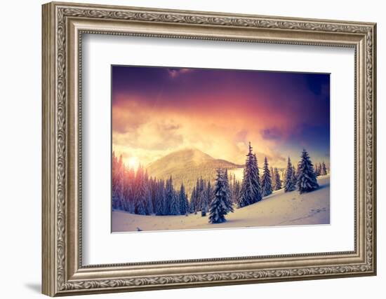 Fantastic Evening Landscape in a Colorful Sunlight. Dramatic Wintry Scene. National Park Carpathian-Leonid Tit-Framed Photographic Print