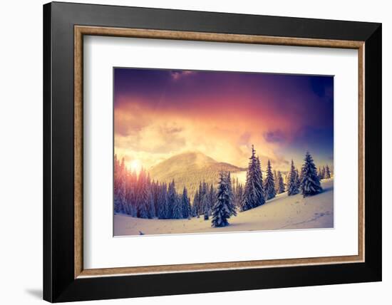 Fantastic Evening Landscape in a Colorful Sunlight. Dramatic Wintry Scene. National Park Carpathian-Leonid Tit-Framed Photographic Print