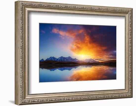 Fantastic Lake Koruldi with Overcast Red Sky at the Foot of Mt. Ushba. Dramatic Scene. Location Fam-Leonid Tit-Framed Photographic Print