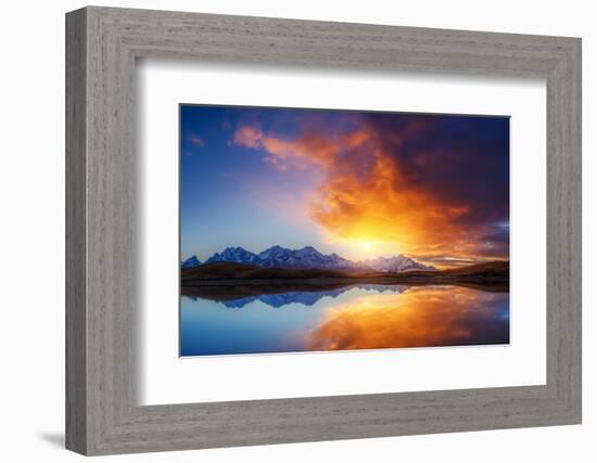 Fantastic Lake Koruldi with Overcast Red Sky at the Foot of Mt. Ushba. Dramatic Scene. Location Fam-Leonid Tit-Framed Photographic Print