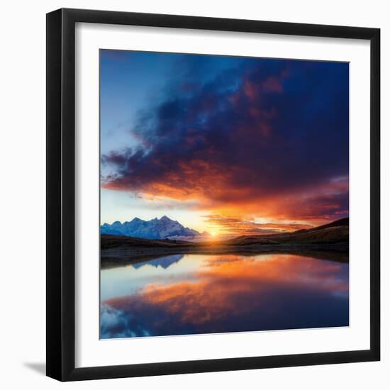 Fantastic Lake Koruldi with Overcast Red Sky at the Foot of Mt. Ushba. Dramatic Scene. Location Fam-Leonid Tit-Framed Photographic Print