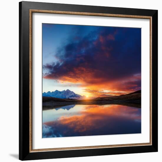 Fantastic Lake Koruldi with Overcast Red Sky at the Foot of Mt. Ushba. Dramatic Scene. Location Fam-Leonid Tit-Framed Photographic Print