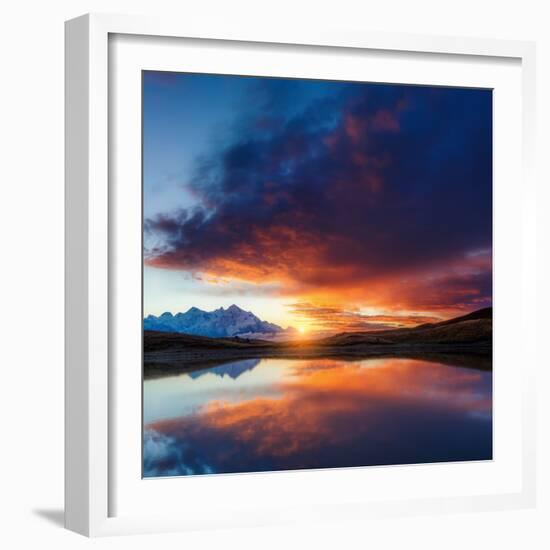 Fantastic Lake Koruldi with Overcast Red Sky at the Foot of Mt. Ushba. Dramatic Scene. Location Fam-Leonid Tit-Framed Photographic Print