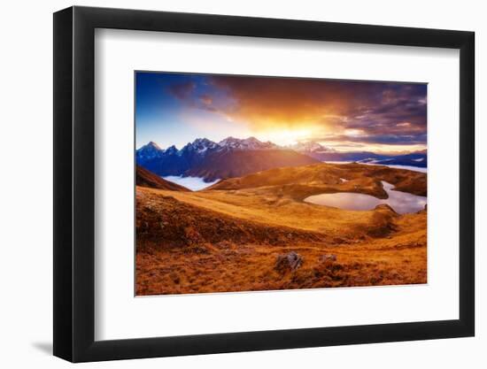 Fantastic Lake Koruldi with Overcast Red Sky at the Foot of Mt. Ushba. Dramatic Scene. Location Fam-Leonid Tit-Framed Photographic Print