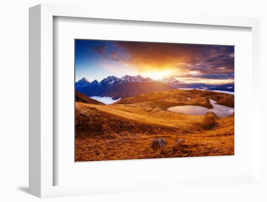 Fantastic Lake Koruldi with Overcast Red Sky at the Foot of Mt. Ushba. Dramatic Scene. Location Fam-Leonid Tit-Framed Photographic Print