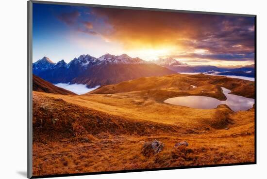 Fantastic Lake Koruldi with Overcast Red Sky at the Foot of Mt. Ushba. Dramatic Scene. Location Fam-Leonid Tit-Mounted Photographic Print