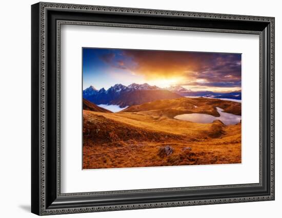 Fantastic Lake Koruldi with Overcast Red Sky at the Foot of Mt. Ushba. Dramatic Scene. Location Fam-Leonid Tit-Framed Photographic Print