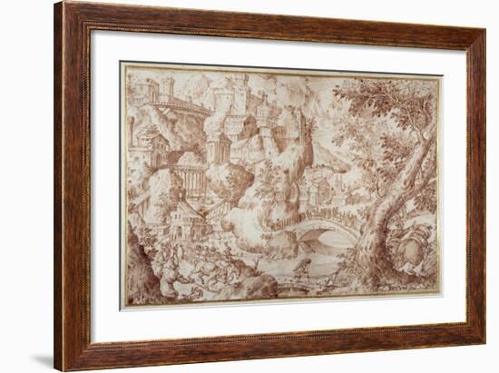 Fantastic Mountainous Landscape with Bridges Spanning Rvines, a City and Travellers-Gillis van Valckenborch-Framed Giclee Print