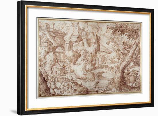 Fantastic Mountainous Landscape with Bridges Spanning Rvines, a City and Travellers-Gillis van Valckenborch-Framed Giclee Print