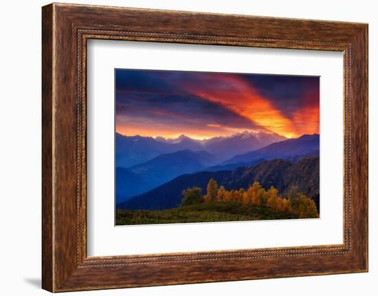 Fantastic Red Sunbeams with Overcast Sky at the Foot of Mt. Ushba. Dramatic Morning Scene. Location-Leonid Tit-Framed Photographic Print