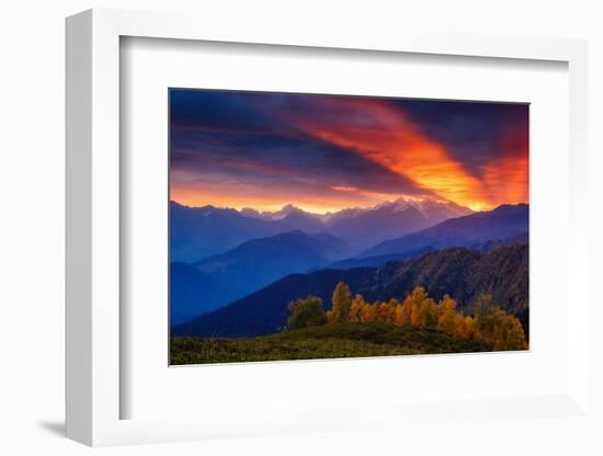 Fantastic Red Sunbeams with Overcast Sky at the Foot of Mt. Ushba. Dramatic Morning Scene. Location-Leonid Tit-Framed Photographic Print