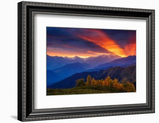 Fantastic Red Sunbeams with Overcast Sky at the Foot of Mt. Ushba. Dramatic Morning Scene. Location-Leonid Tit-Framed Photographic Print