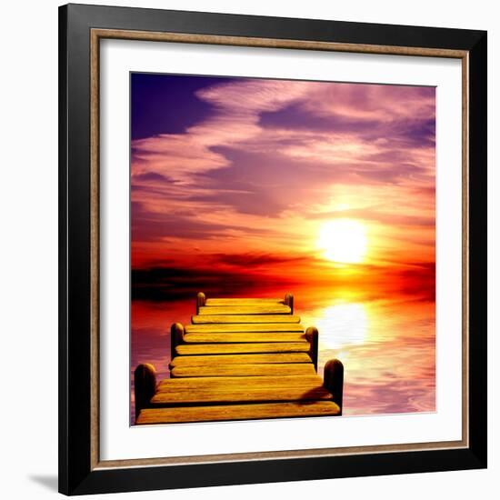 Fantasy Beautiful Sunset And Wooden Pier-frenta-Framed Art Print