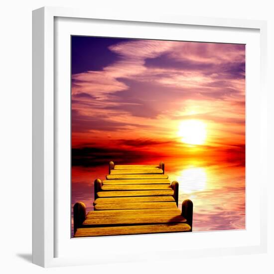 Fantasy Beautiful Sunset And Wooden Pier-frenta-Framed Art Print