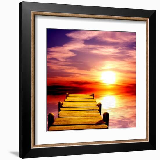 Fantasy Beautiful Sunset And Wooden Pier-frenta-Framed Art Print