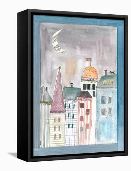 Fantasy Cityscape with Cat on Roof-Effie Zafiropoulou-Framed Premier Image Canvas